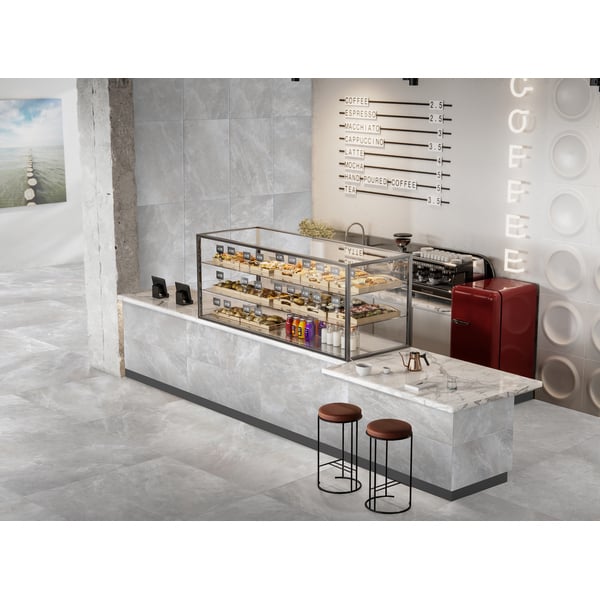 3D image office cafeteria kitchen. Luscious pastries and baked good in a display case in a cafe shop.