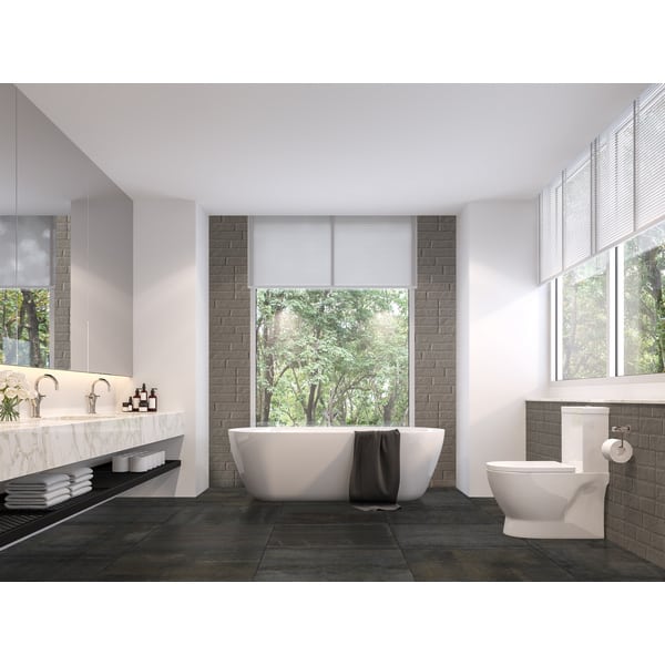 Luxurious bathroom with natural views 3d render,The room has black tile floors, white marble walls, There are large windows sunlight shining into the room.