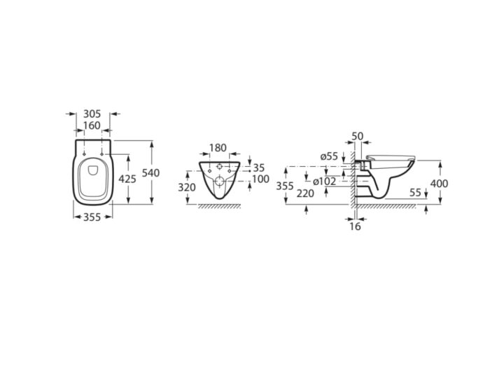 Окачена тоалетна чиния Roca Debba Rimless Square, 35,5 см
