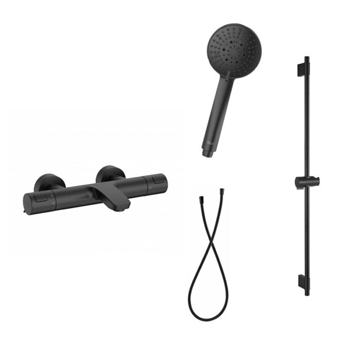 Комплект със стенен термостатичен смесител T-500 за вана-душ, черен мат