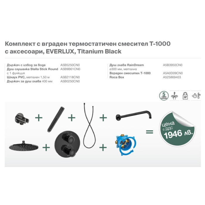 Комплект с вграден термостатичен смесител T-1000 с аксесоари, Everlux, Brushed Titanium Black