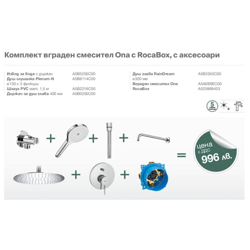 Комплект вграден смесител Ona с RocaBox и аксесоари