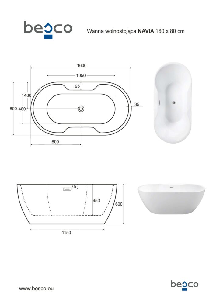 Свободностояща вана Navia 160 Гланц