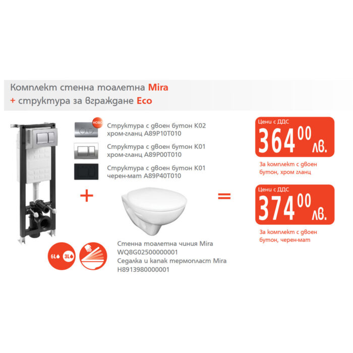 Комплект стенна тоалетна Mira + структура за вграждане Eco Комплект стенна тоалетна Mira + структура за вграждане Eco