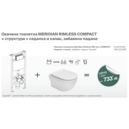 Окачена тоалетна MERIDIAN RIMLESS COMPACT + структура + седалка и капак, забавено падане