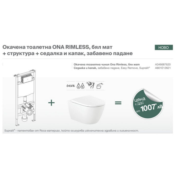 Окачена тоалетна ONA RIMLESS, бял мат + структура + седалка и капак, забавено падане Окачена тоалетна ONA RIMLESS, бял мат + структура + седалка и капак, забавено падане