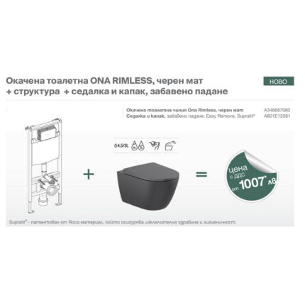 Окачена тоалетна ONA RIMLESS, черен мат + структура + седалка и капак, забавено падане
