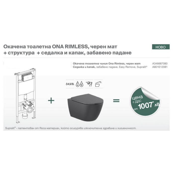 Окачена тоалетна ONA RIMLESS, черен мат + структура + седалка и капак, забавено падане Окачена тоалетна ONA RIMLESS, черен мат + структура + седалка и капак, забавено падане