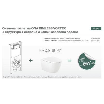 Окачена тоалетна ONA RIMLESS VORTEX + структура Duplo + седалка и капак, забавено падане