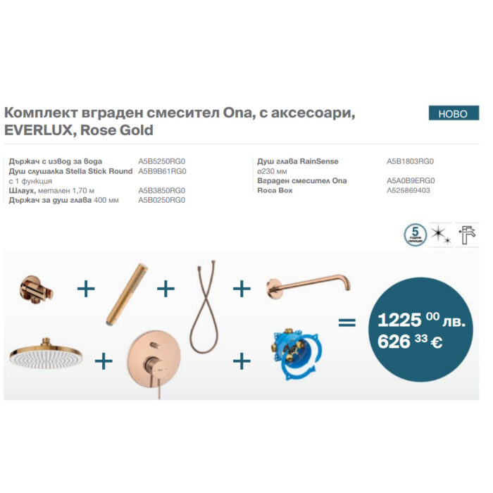 Комплект вграден смесител Ona, с аксесоари, EVERLUX, Rose Gold